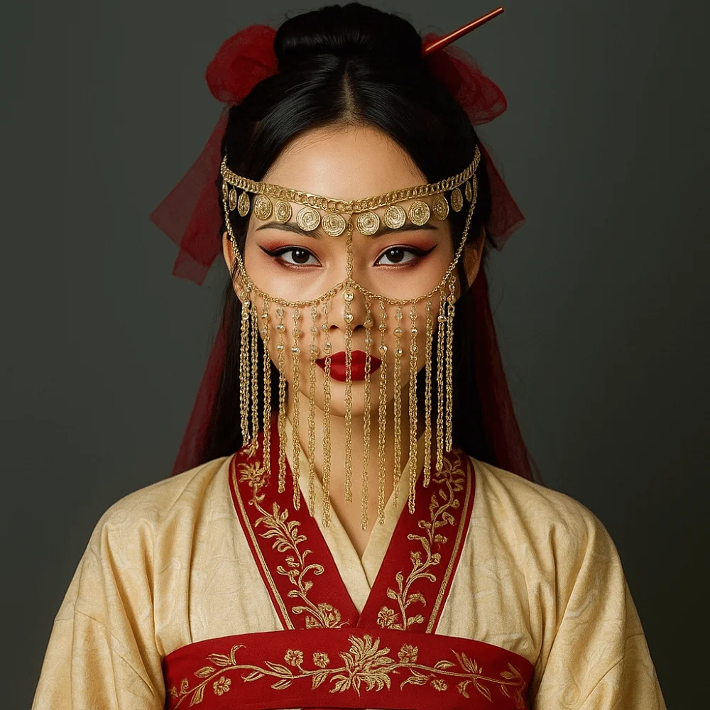 Decorazione per il viso Moneta Campana Danza del ventre Velo per il viso Tenda in stile etnico dorato Testa a catena Copricapo Fascia per cosplay Maschera per travestimento Ragazza