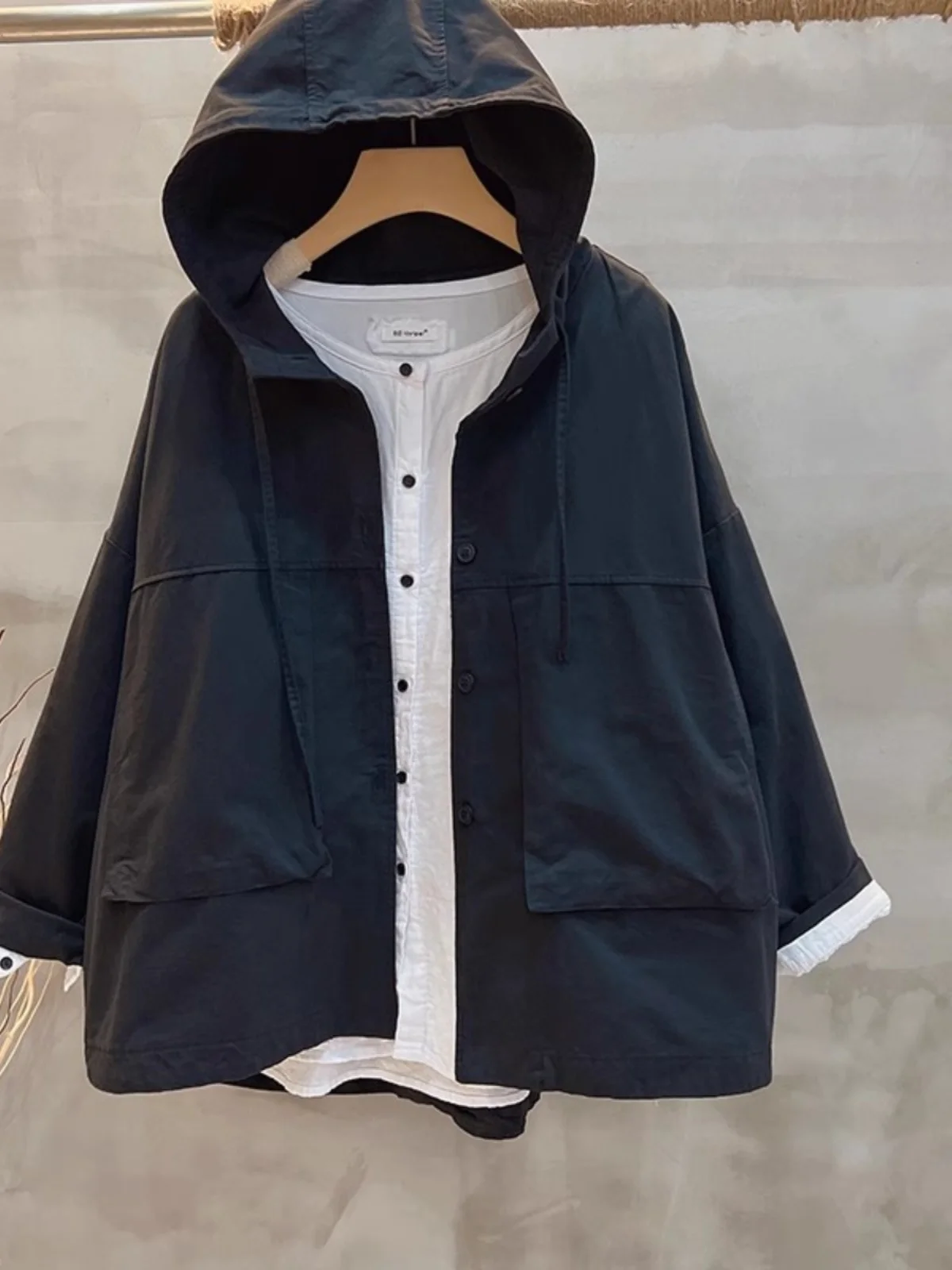 Waed Cotton Donna Casual Lungo Sve Con Cappuccio Or Jaet Colore Puro Vestibilità ampia Pendolarismo Sle Design vintage Bottone singolo