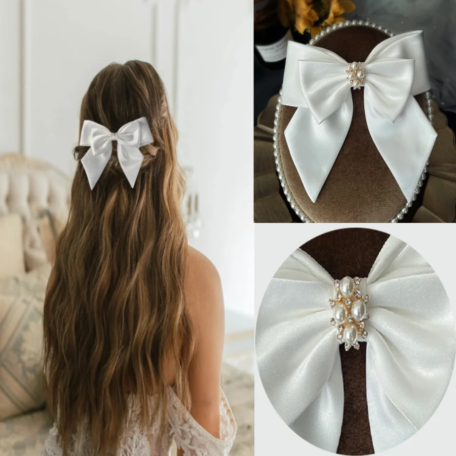 White Satin Bow Hair Clip, Suitable For Girl/Bride Hairstyle Accessories, Suitable For Wedding Banquets, Parties And Gifts