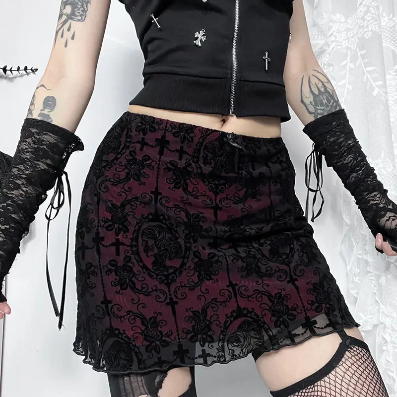 Korejepo Dark Goth Flocking Skirt Women Yabi Style Sexy Hottie Slim Hip Skirts Goddess Gentle High Street Sweet Cool Bottoms