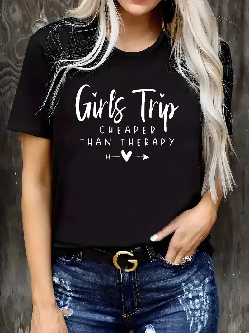 

Y2k Short Sleeves Summer Loose T-shirt Girls Trip Cheaper Than Therapy Letter Print T-Shirt Casual Loose Fashion Top Women's Tee