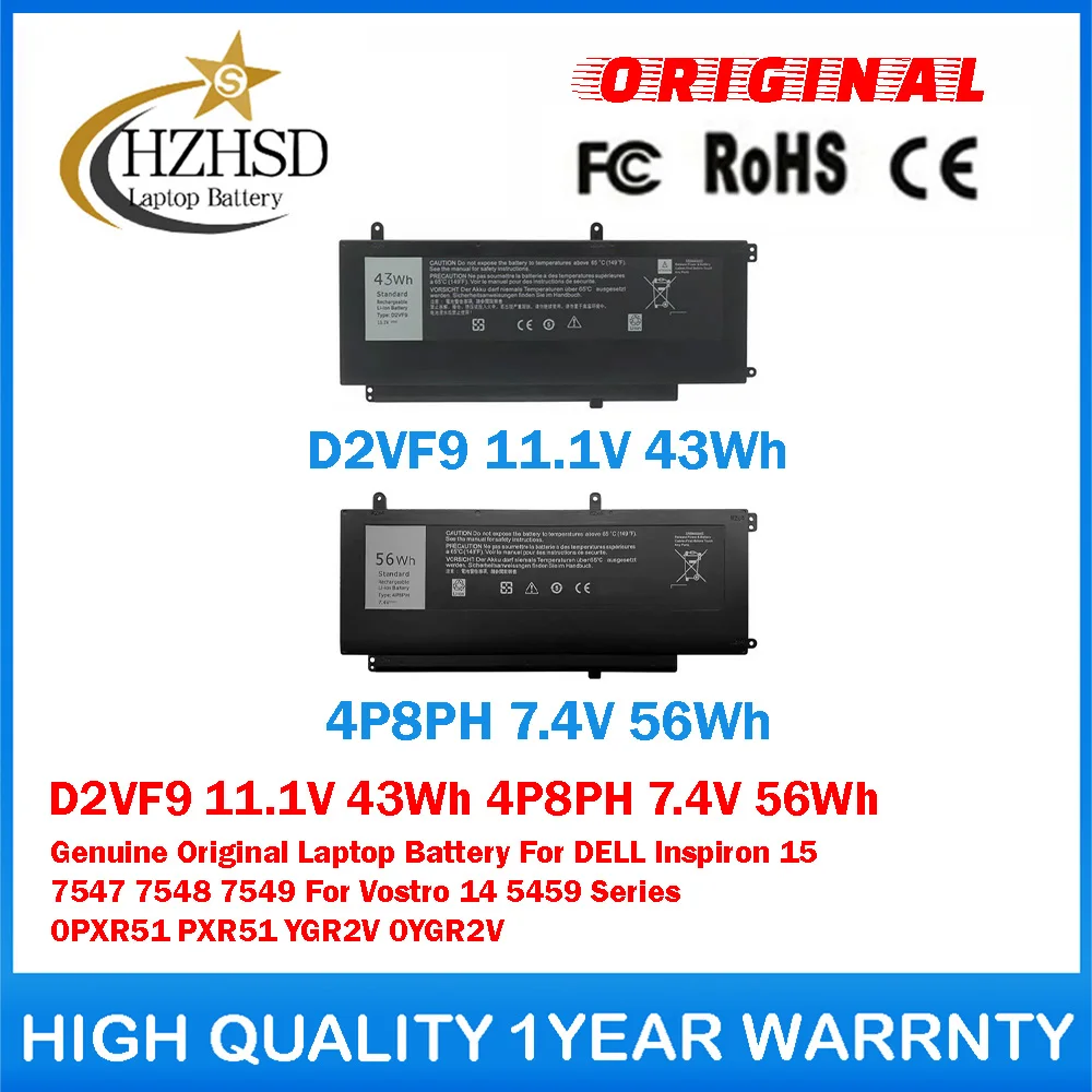 

D2VF9 11.1V 43Wh 4P8PH 7.4V 56Wh Genuine Original Laptop Battery For DELL Inspiron 15 7547 7548 7549 Vostro 14 5459 0PXR51 PXR51