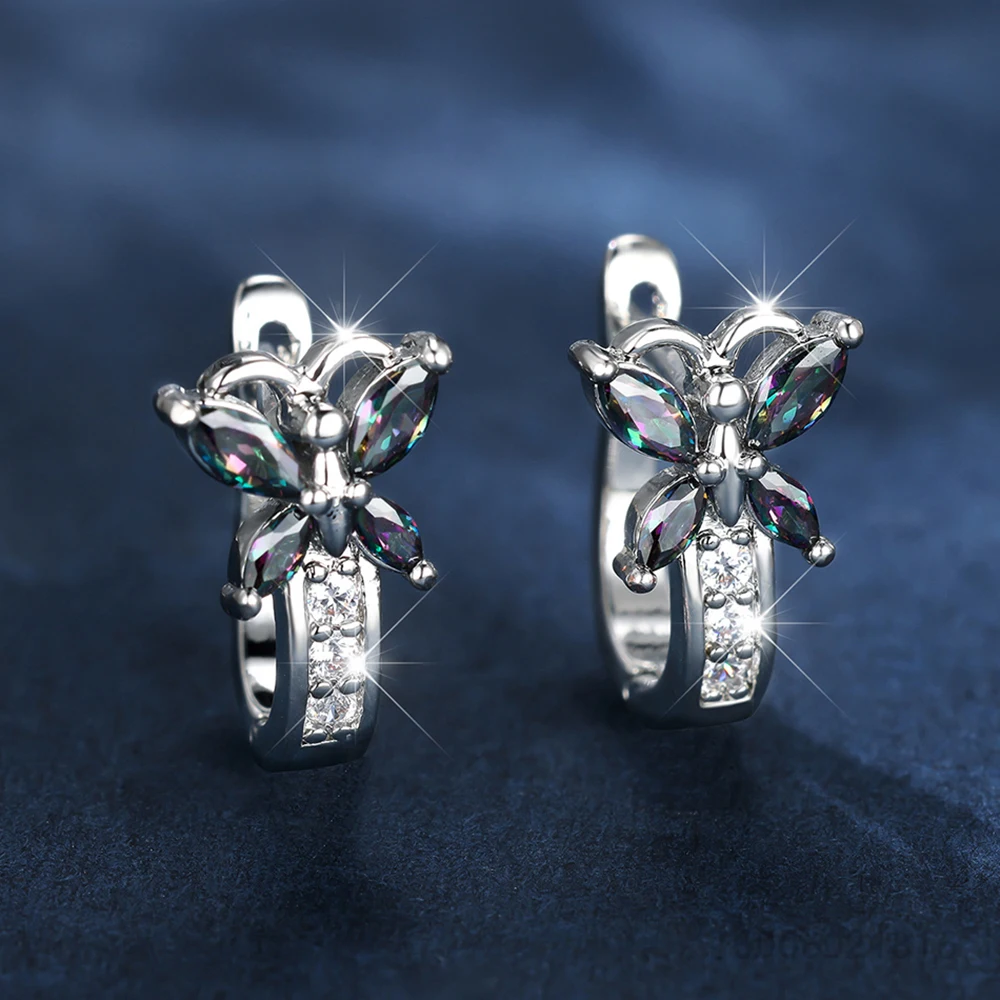 925 Sterling Silver Blue/White/Purple/Green/Black/Yellow/Red/Color Zircon Butterfly Drop Earring For Women Fashion Jewelry Party