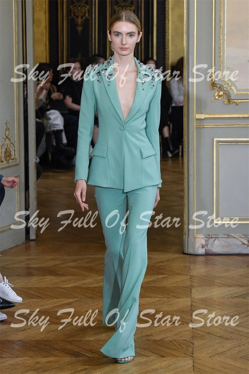 Luxury Colorful Crystal Embellished Women Suit 2 Pcs Single Button Blazer Flared Pants Formal Prom Fashion Show Wedding Guest