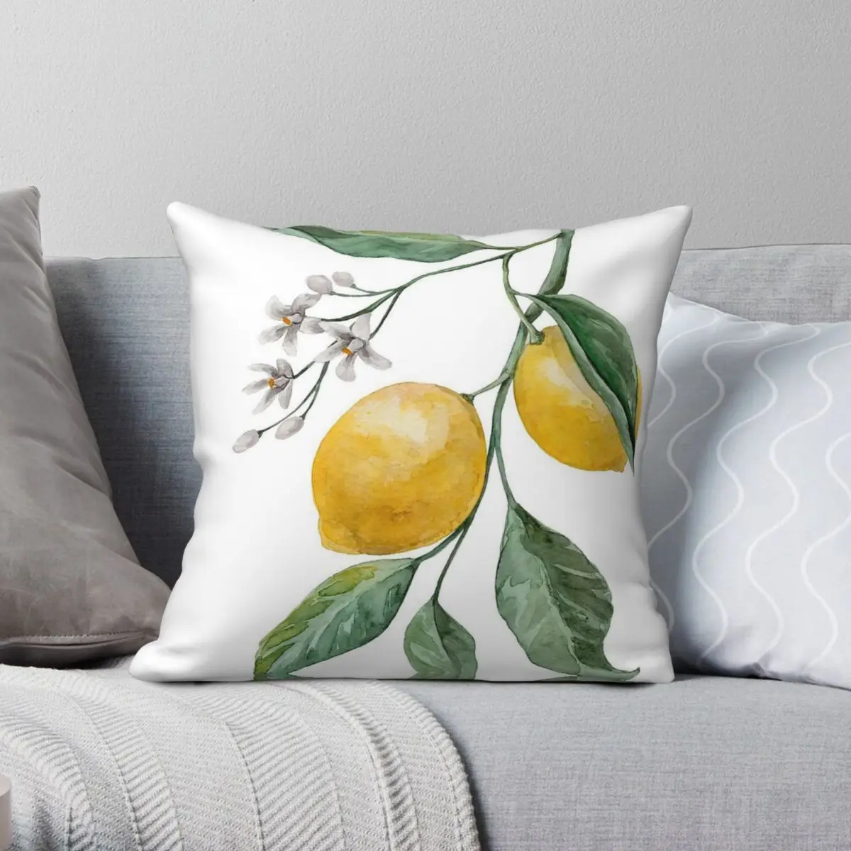 Lemon Branch Square Pillowcase Polyester Linen Velvet Pattern Zip Decor Sofa Seater Cushion Case