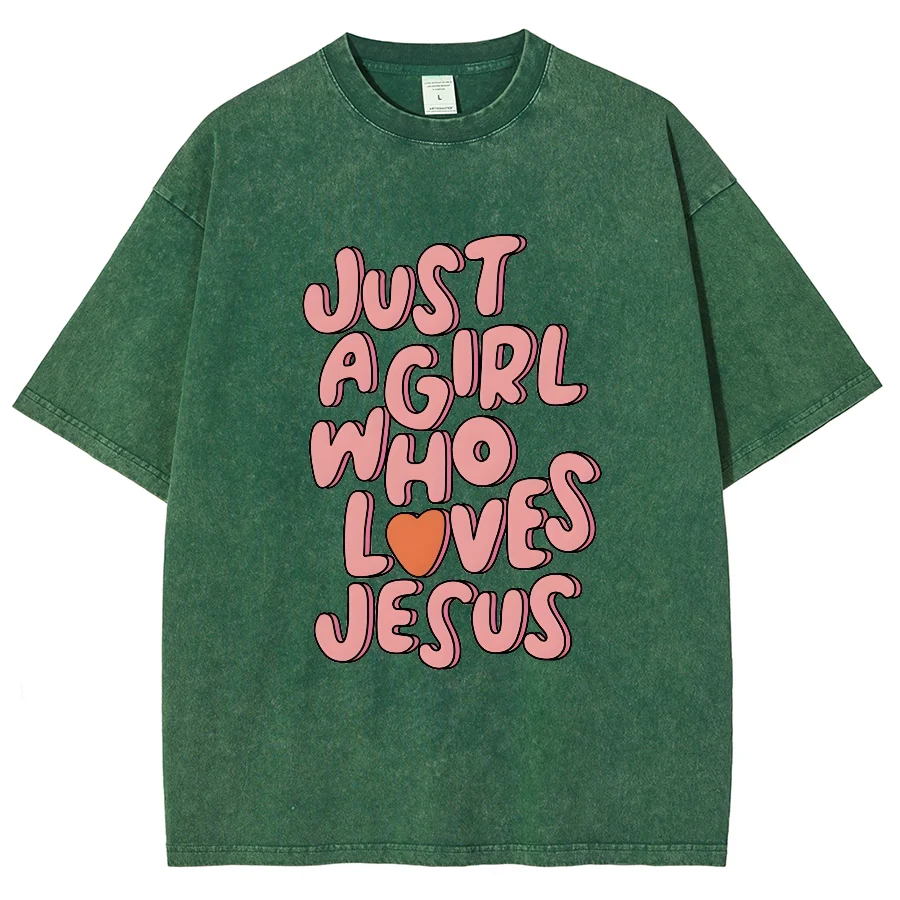 A Girl Loves Jesus Y2K Washed Short Sleeves T-Shirt, Cartoon Creative Printed Unisex Vintage Streetwear Fashion Casual Plus-Size