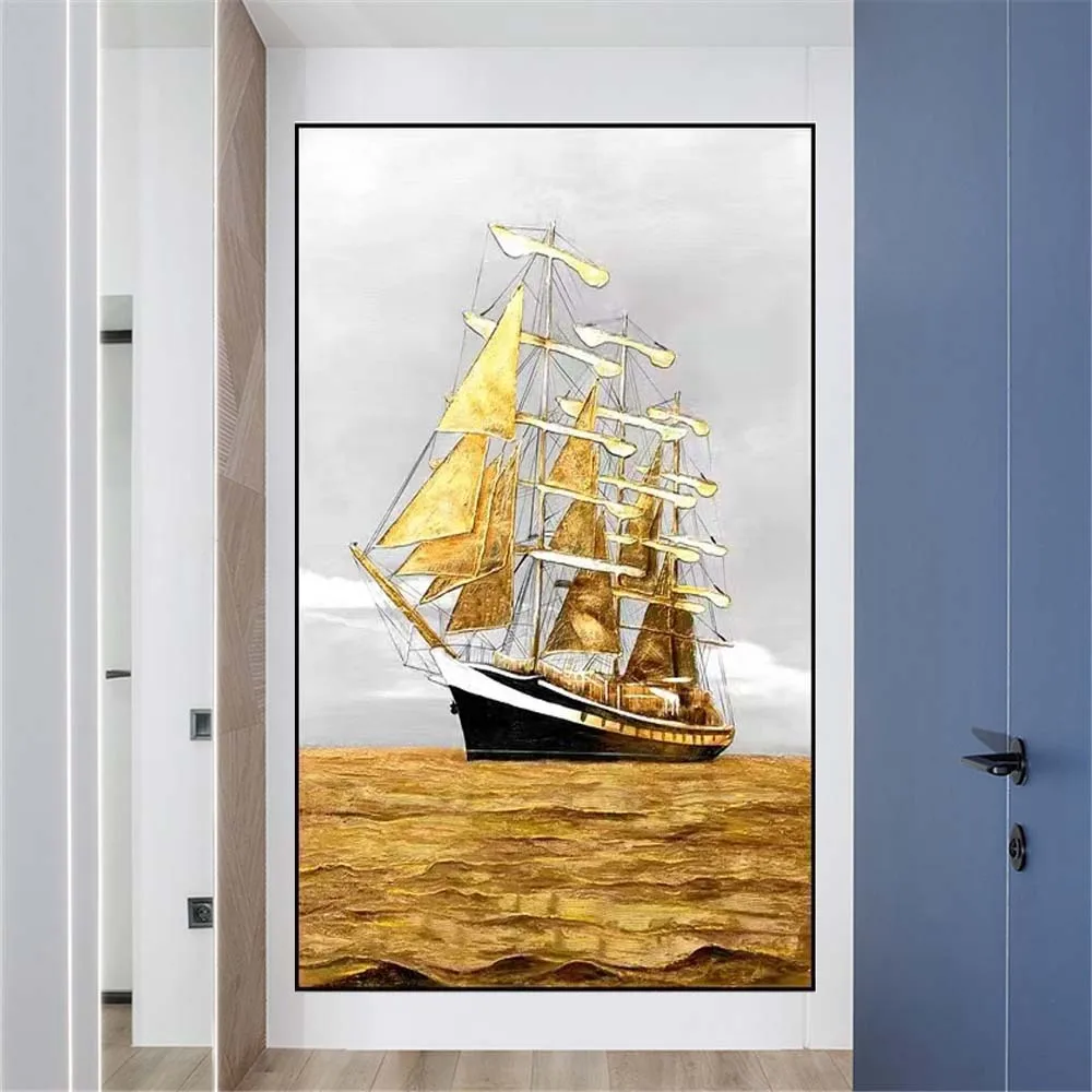 

100% Handmade Golden Texture Sea With Sailboat Landscape Wall Art Pictures Artwork Modern Oil Painting Decor Living Room Porch