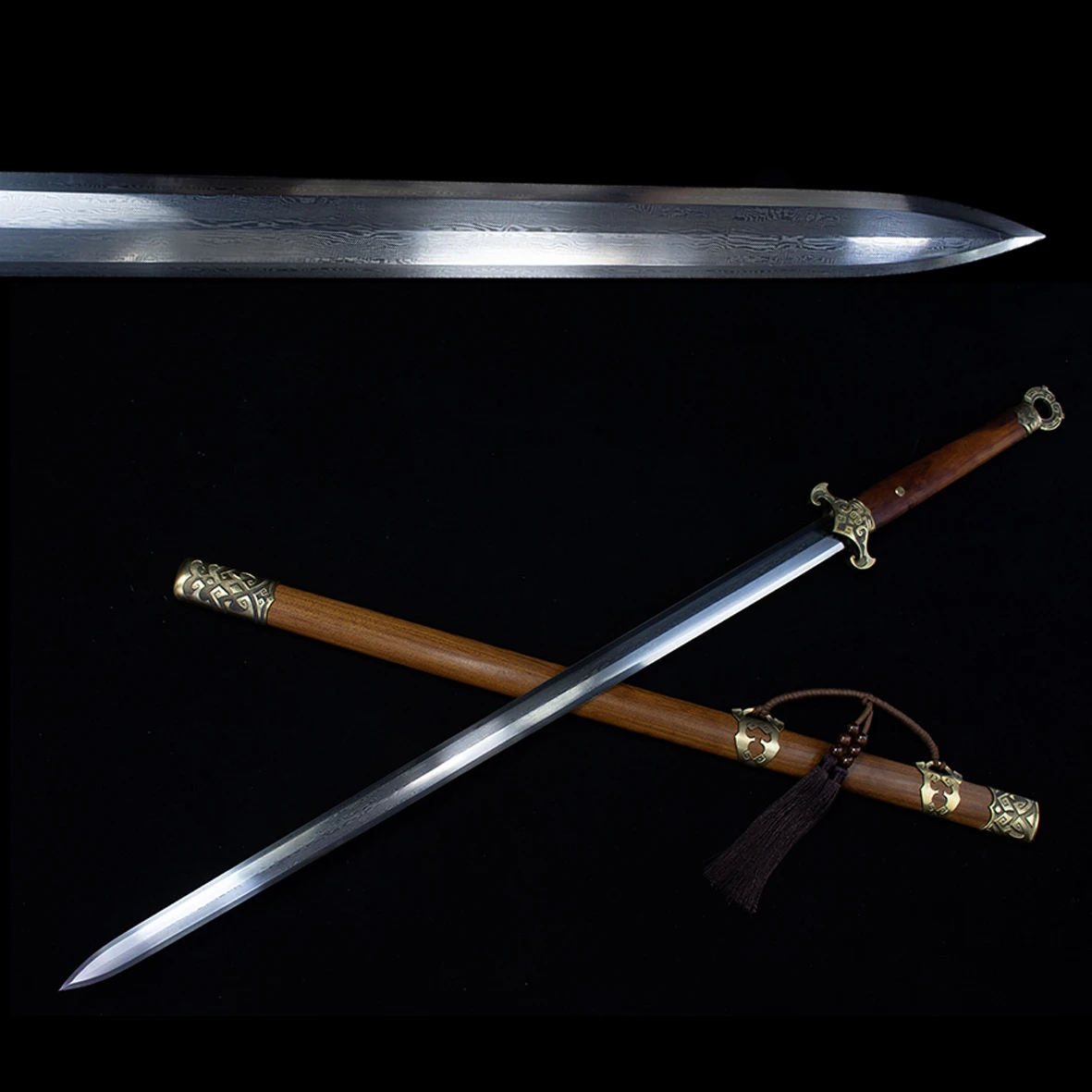 

110cm Medieval Damascus Steel True Sword Kung Fu pattern steel Hand ground Martial arts True Steel sharp full Tang weapon katana