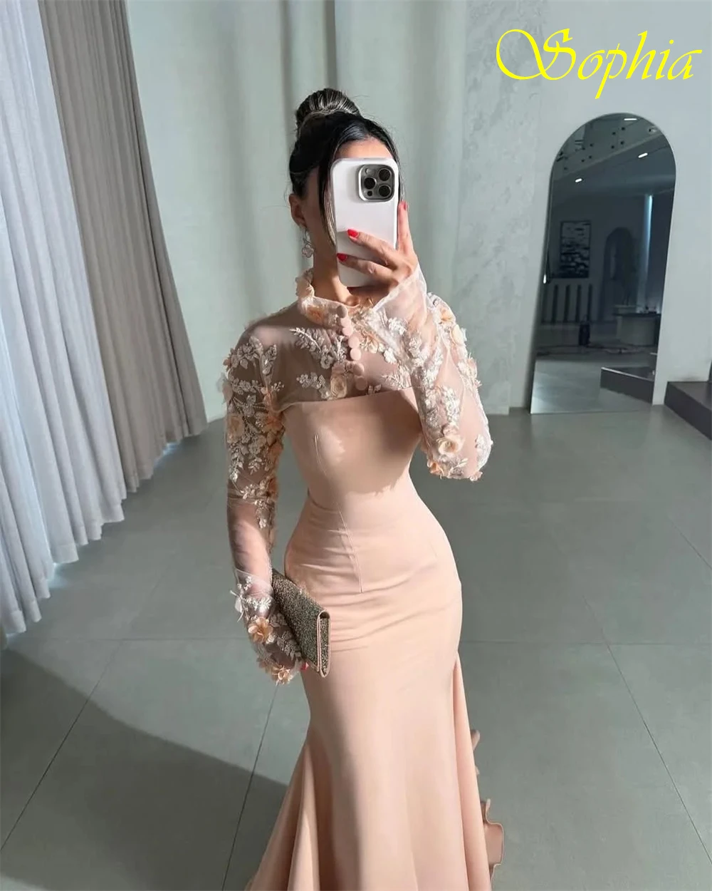 فستان سهرة أنيق من الجيرسيه الوردي مخصص كلاسيكي برقبة دائرية وأكمام طويلة فساتين المشاهير الرسمية حورية البحر مزينة بالحفلات