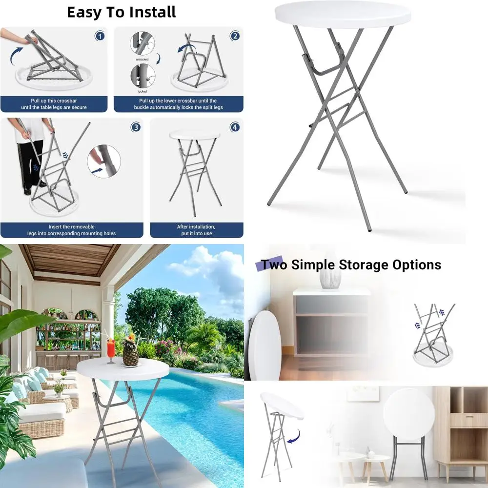

White 28 High-Top Folding Cocktail Table, Round Portable Bar Height for Indoor/Outdoor Events, Ideal for Parties, Banquets, and