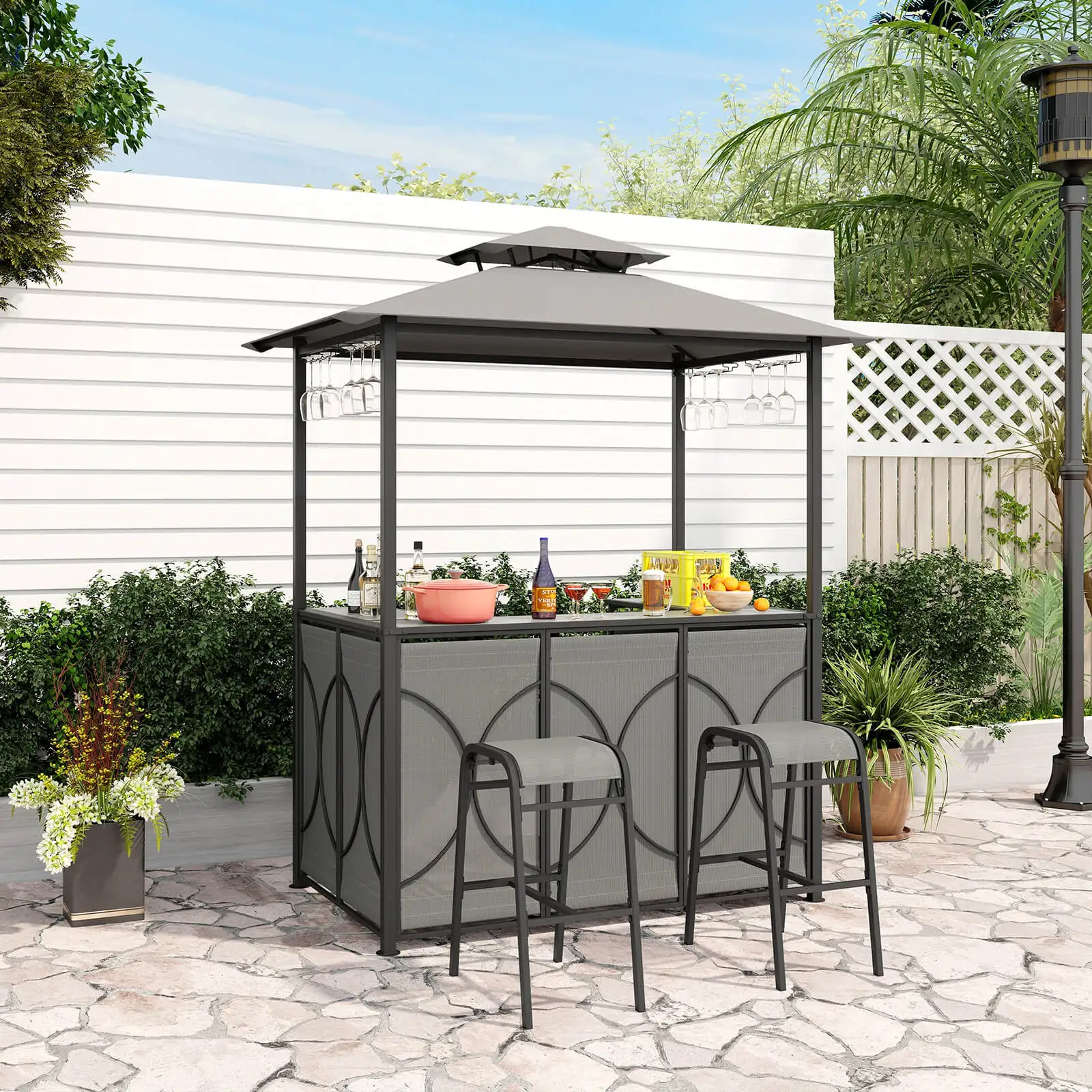 3 PCS Patio Bar Set with Tempered Glass Bar Table Metal Storage Shelves for Garden Grey