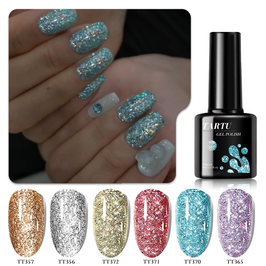 6 stuks gel nagellak set, pailletten glitter goud paars 6 kleuren semi-permanente gel polish kit, losweken uv/led, nail art manicure