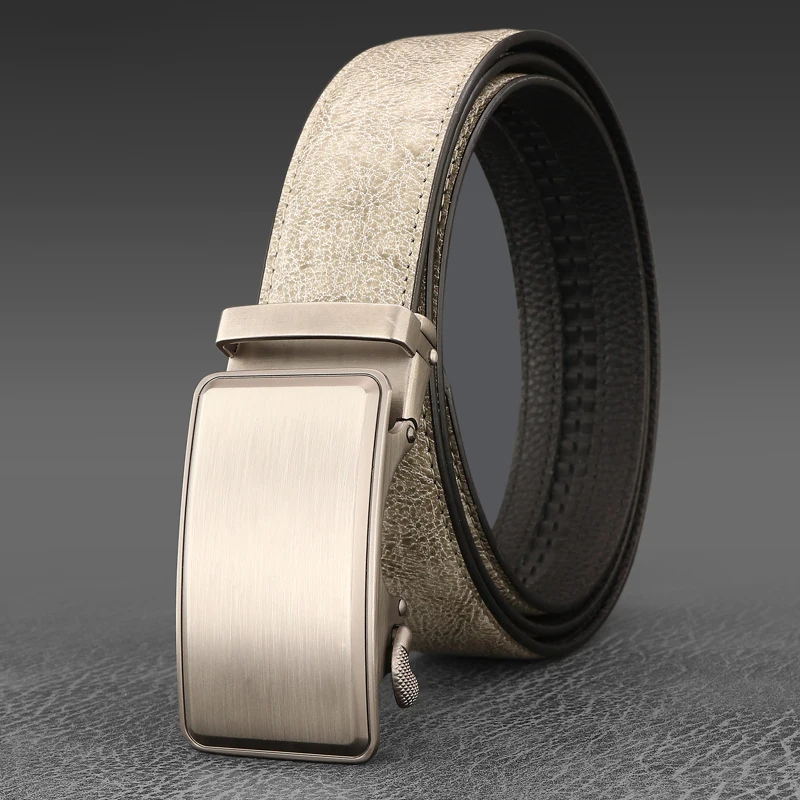 Sabuk Biru Kualitas Tinggi Pria Gesper Otomatis Warna Abu-abu Lebar 3.5Cm Tali Pinggang Kulit Asli Kulit Sapi