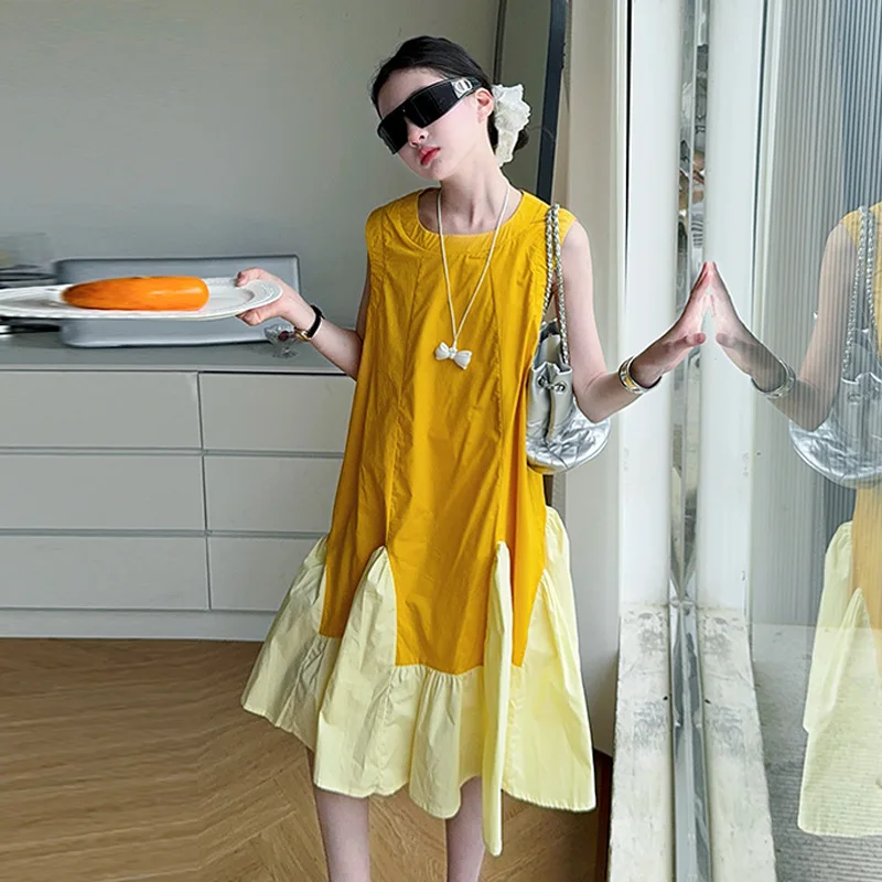 

New Kids Girl Long Style Casual Cotton Fishtail Dress Luxury Child Summer Patchwork Sleveless Daily Wear Trumpet Mermaid Dresses