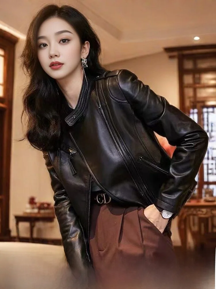 

Женская куртка из натуральной кожи Ning, укороченная, черная, из овечьей кожи, уличный стиль, приталенная, на молнии, весенняя новинка