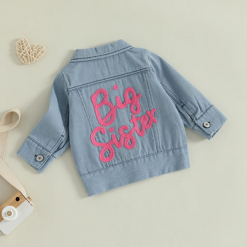 Little Girl Denim Jacket Back Letter Embroidery Lapel Neck Long Sleeve Button Down Jean Tops Casual Fall Streetwear