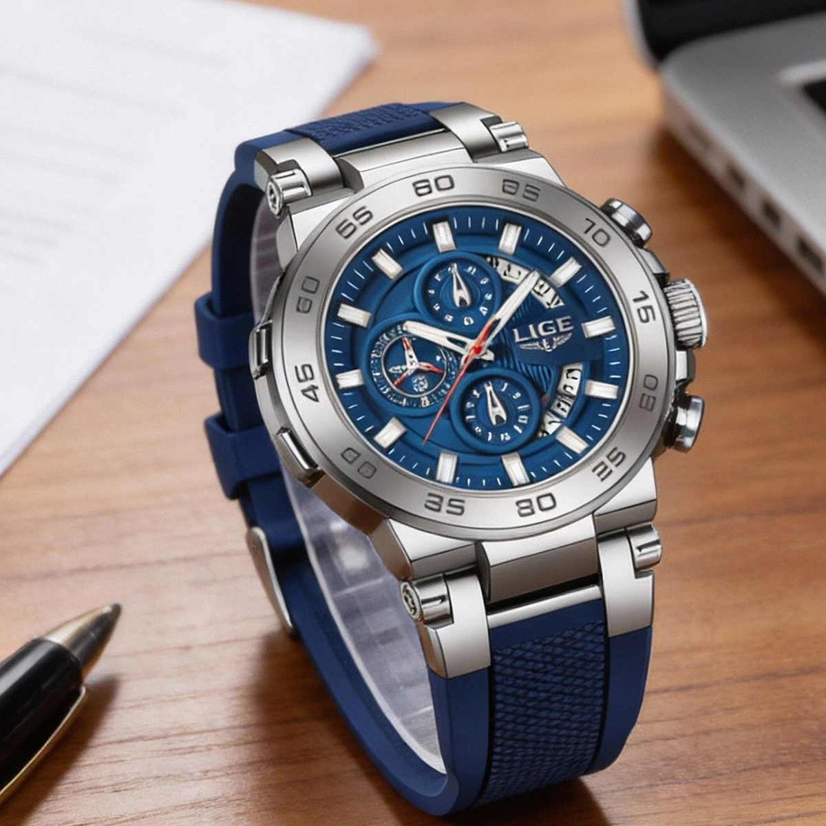 LIGE Modische Quarz-Armbanduhr für Herren, 30M Wasserdicht, Leuchtende Uhr mit Mondphase, Herren-Zeitmesser, Reloj Hombre