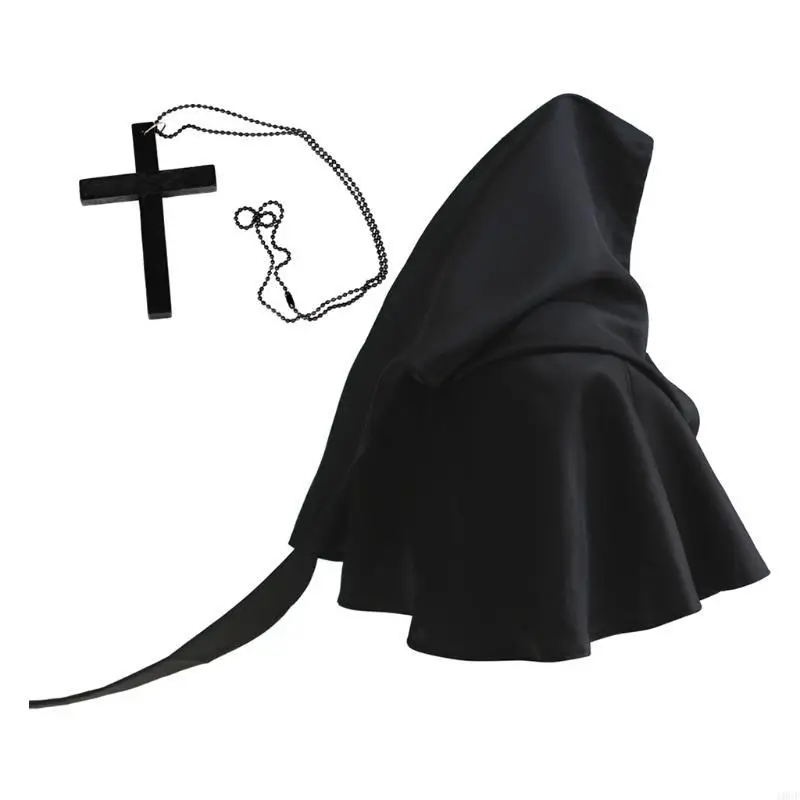 2Pcs Halloween Hooded Capes with Crosses Necklace Set Novelty Festival Party Costume Headgear for Men Women Cosplay Pagan Outfit