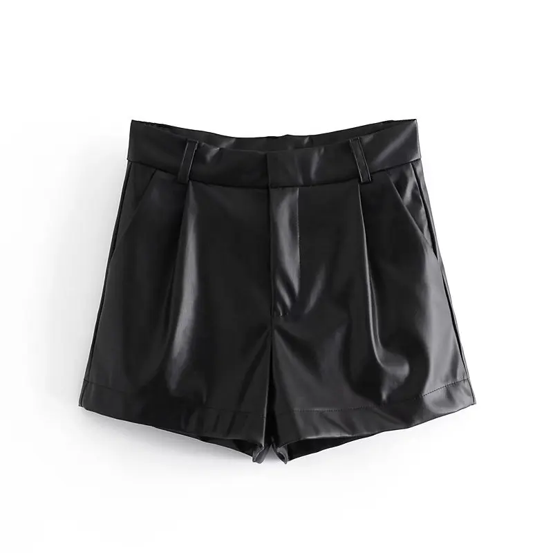 

Women's Faux Leather Shorts with Side Pockets, High Waist, Zipper Fly, Female Short Pants, Chic Fashion