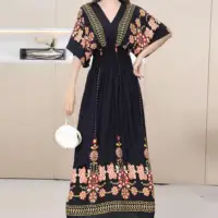 Women Bohemian Ethnic Printed Holiday Dress V-Neck Elastic Waist Casual Batswing Sleeve Mid Dress Elegant Vintage Retro Dress 5