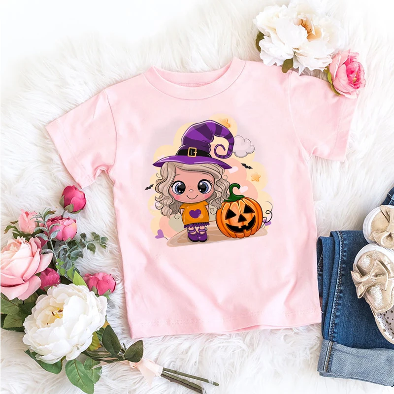 Newly Halloween T Shirt Kawaii Cat Cartoon Print White T-shirt Baby Cute Tops Tee Girls Tshirt Pumpkin Present Clothes Drop Ship