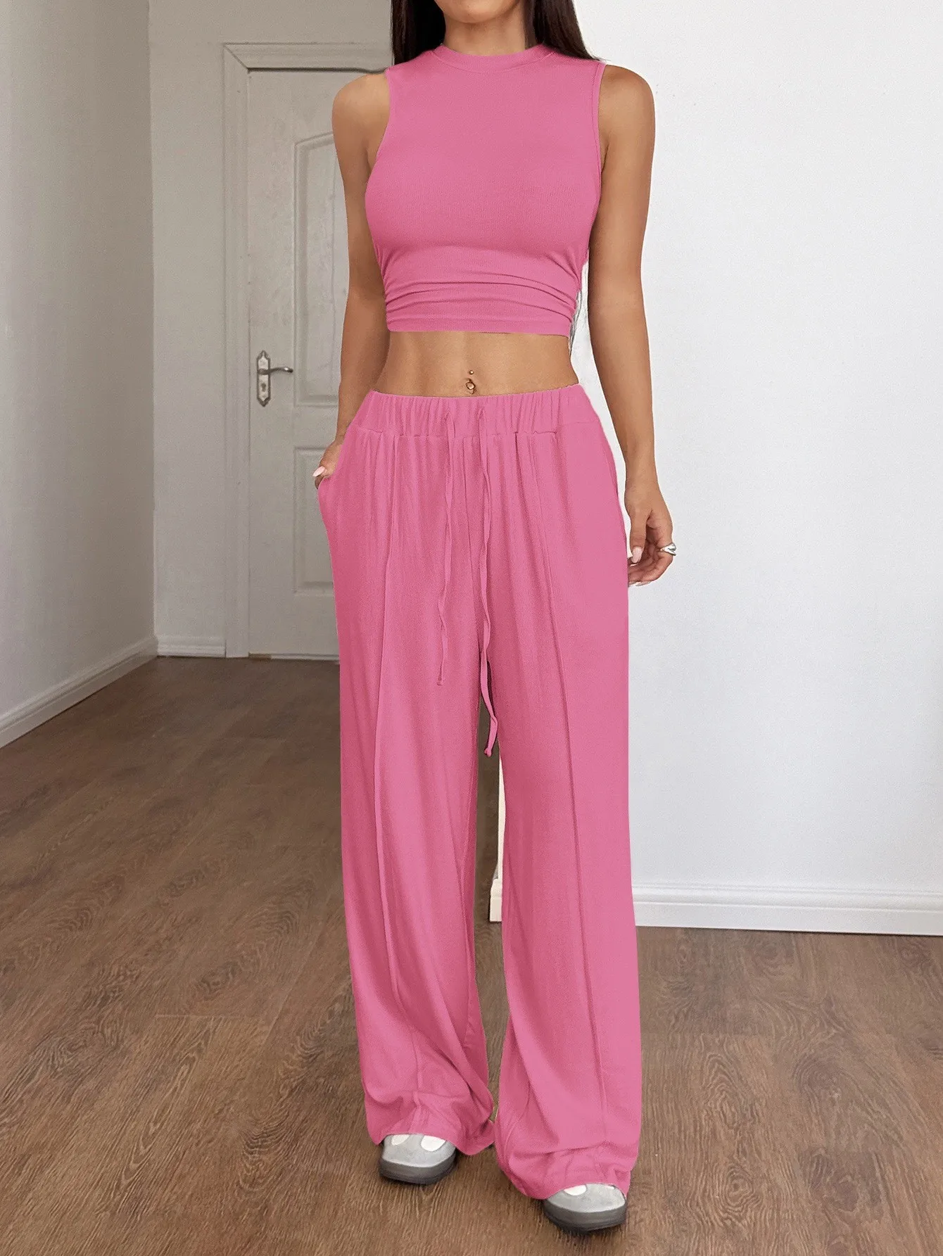 2 Piece Set Summer Y2k Tank High Waist Sleeveless Top Wide Leg Pants Solid Color Vest Top Drawstring Waist Relaxed Fit Matching view 4