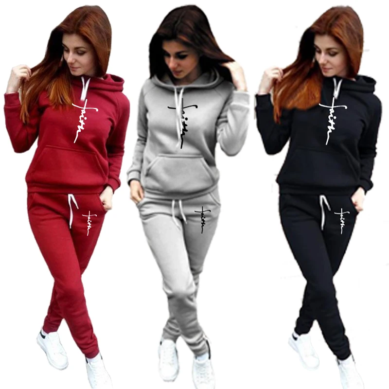 Women's Fashion Faith Print Hoodies Jogging Suit Hooded Sweatshirts+ Long Pants Casual Outdoor Tracksuits