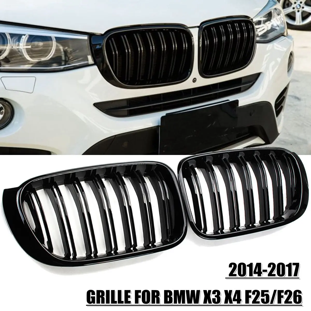 

Glossy Black Front Bumper Kidney Grille Grill Hood Mesh Double Line For BMW X3 X4 F25 F26 2014-2017 Front Grille Racing Grills