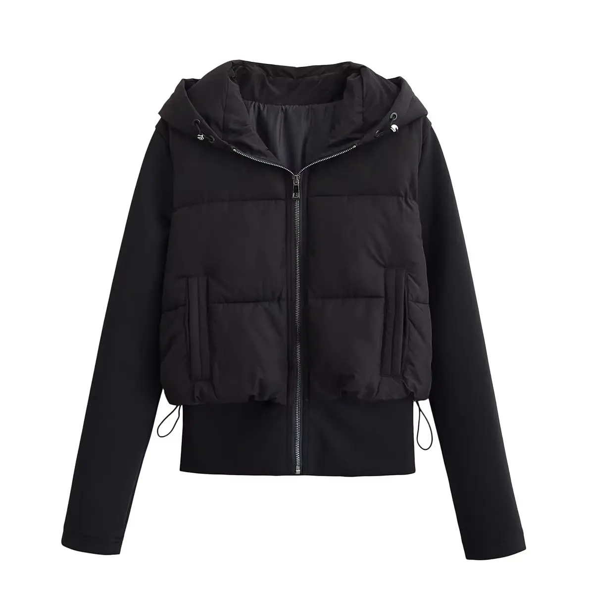KONDALA Chic Black Streetwear Patchwork Outwear Fashion 2025 Autumn Vintage Zip Hooded High Street Winter Padded Female Jacket