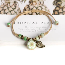 Adjustable Crackle Glaze Ceramic Bracelet with Flower and Leaf Charms 15-25cm