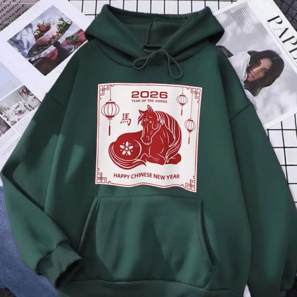 2026 Lunar New Year Horse Hoodie Chinese Zodiac Fire Element Sweatshirt Red Printed Hoodie New Year Party Men Women 2026 Gift