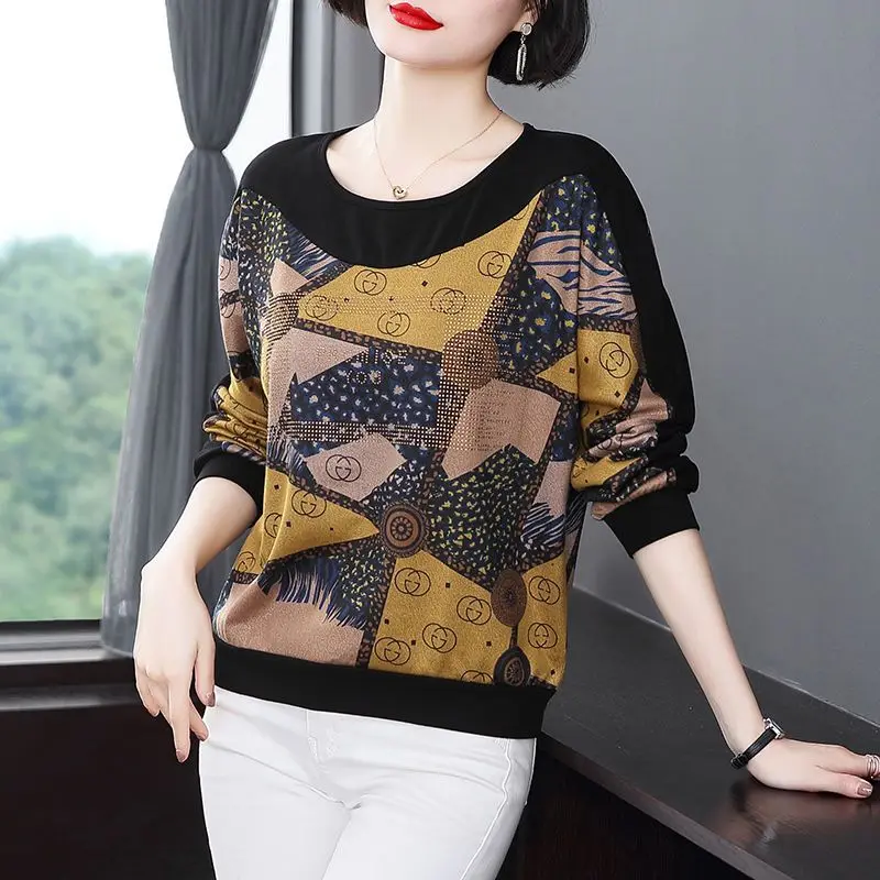 Spring Autumn Female Fashion Loose Patchwork Printing T-shirt Women\'s Clothing All-match Vintage Long Sleeve Round Neck Tops