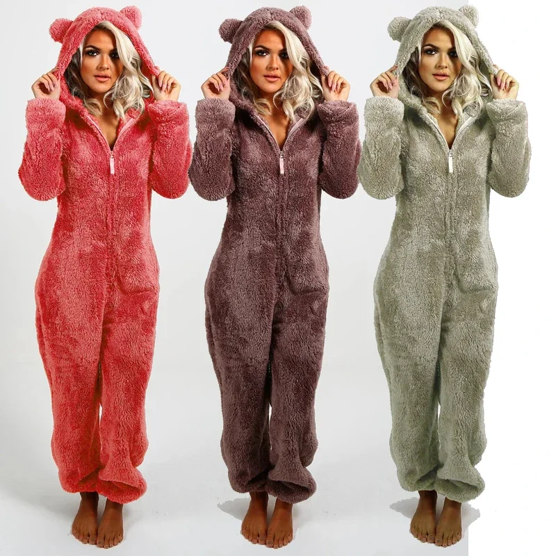 

Plus Size Coral Fleece Jumpsuit for Women Christmas Pajamas One-Piece Pyjamas Winter Warm Women Hooded Onesies Sleepwear S-5XL