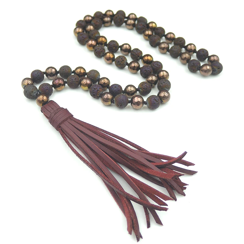 Leather Cord Tassels Claret Hematite Volcanic Round Beads Necklace Knotted 30inches 40inches