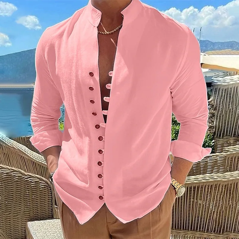 

Men's cotton blended shirt with Chinese stand-up collar design. High-quality buttons. Fashionable casual long-sleeved shirt.