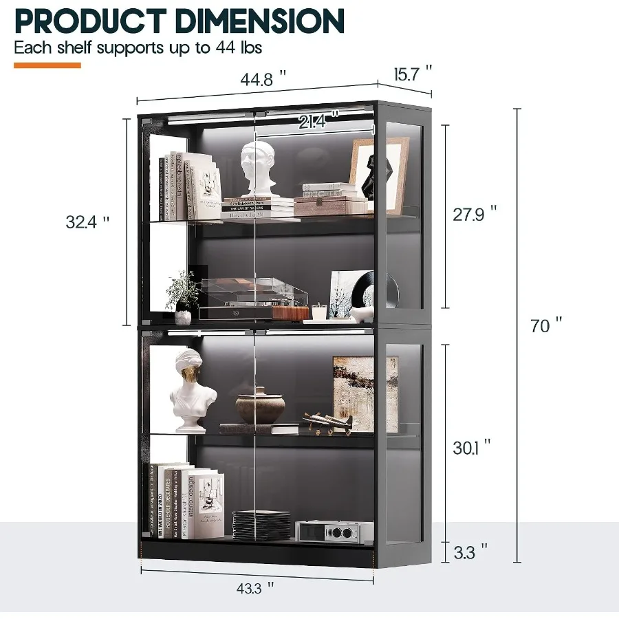 45-Inch RGB Display Cabinet with Glass Doors for Gaming Setup, Tempered Glass, Black, Customizable Lighting and Adjustable Shel