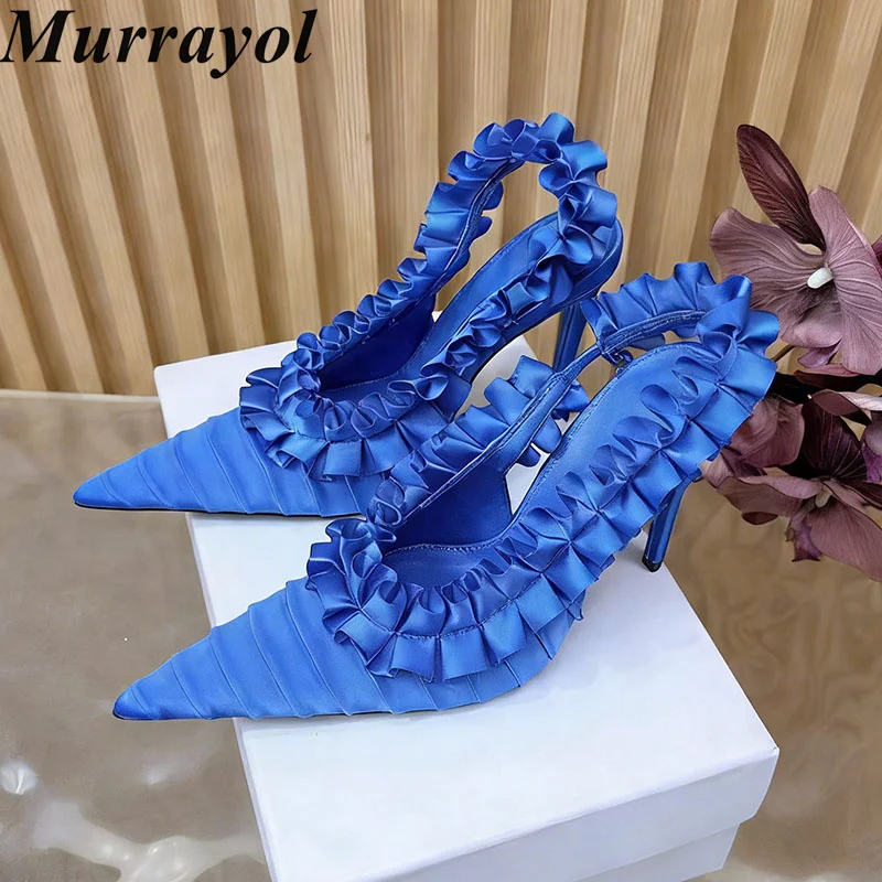 Pumps Pointed Toe Silk Satin Thin High Heels Sandalias Women Ruffled Edge Design Slingback Sandals Summer Party Dress Shoes