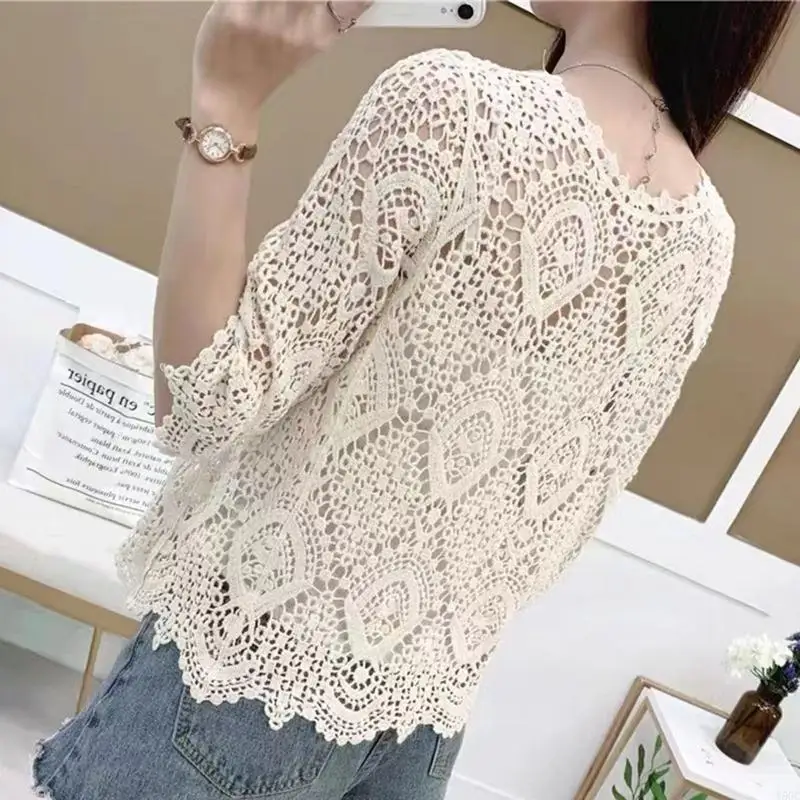 Y5GC Women Knitted Lace Shrug Boho Hollow Crochet Floral 3/4 Sleeves Open Front Cropped Cardigan Elegant Mesh Sweater Coveup