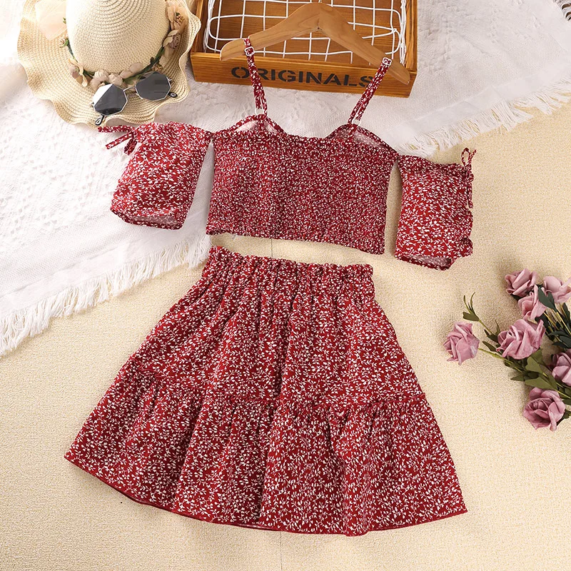 Kids Casual Clothing Sets Outfits for Girls Summer 2024 New Children Floral Print Front Twist Strap Tops Skirts Fashion 7-14Y