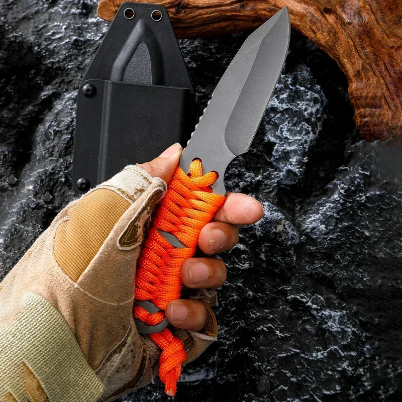 Outdoor Straight Knife 5CR15MOV Blade Anti Slip Binding Rope Handle with Sheath Camping Tourism Tools Men\'s Gift