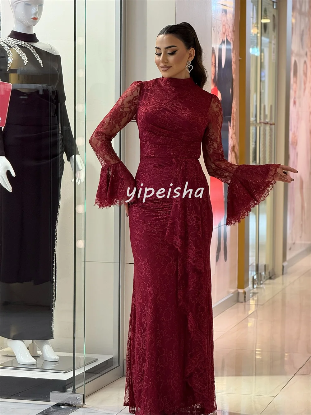 Tallas personalizadas disponibles Vestidos largos de cuello alto de sirena plisados de encaje de alta calidad Vestidos para ocasiones a medida Estilo chino Retro