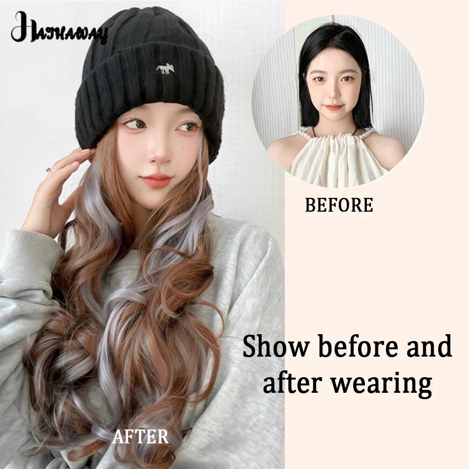 Synthetic Hats Wig Women's Fashion Knitted Hats In Autumn And Winter Highlights Long Curly Hair Wool Wig Hats Full Head Wig Hat