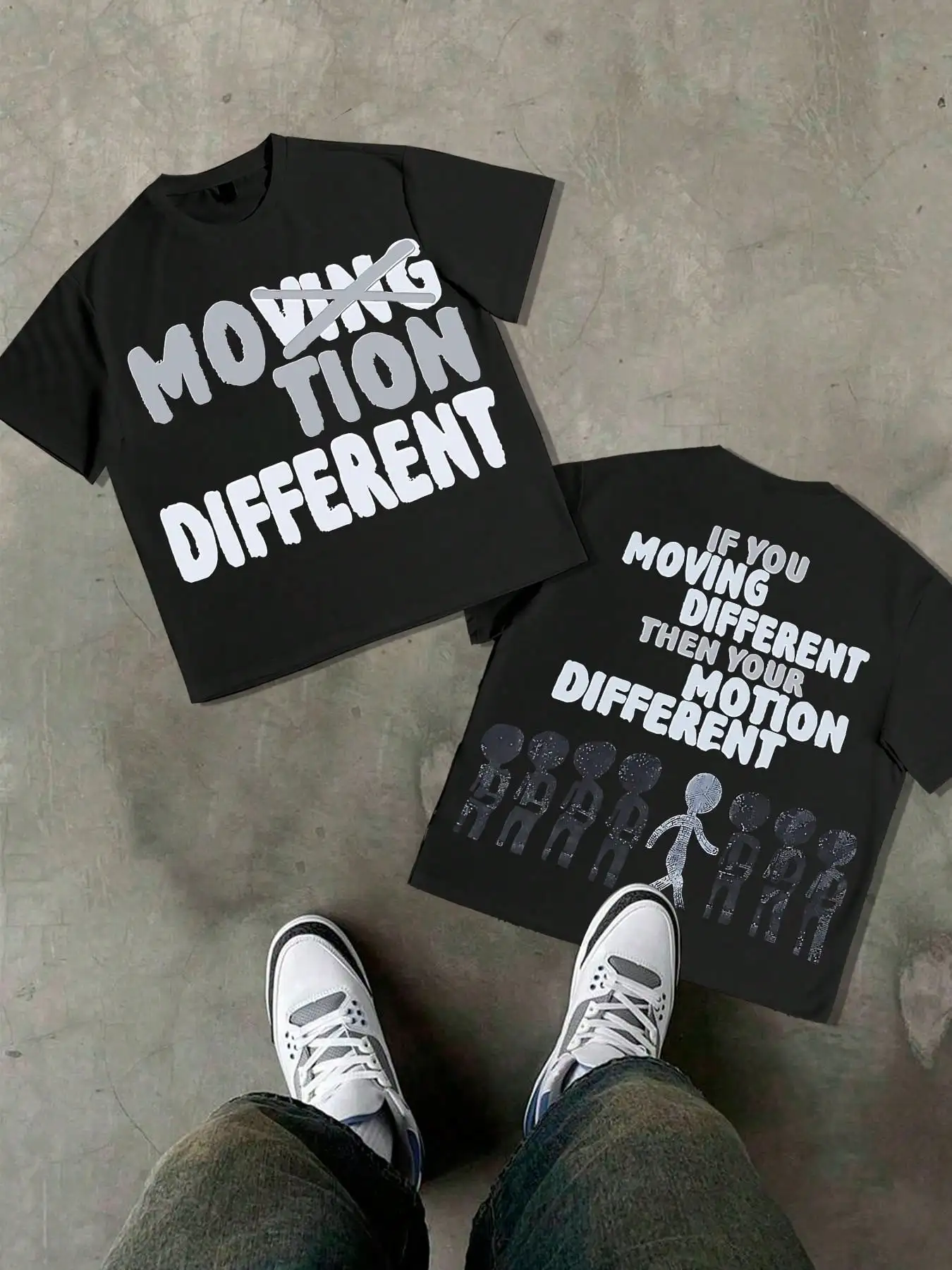 

Черная футболка с графическим принтом, надписью "Moving Different" и изображением силуэта, двусторонний дизайн