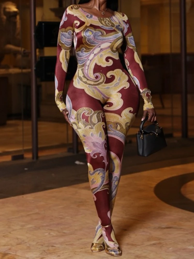 

SsTss женский модный комбинезон с длинными рукавами в винтажном стиле с цветочным принтом и круглым вырезом, тонкий эластичный облегающий комбинезон, цельный комбинезон, наряды