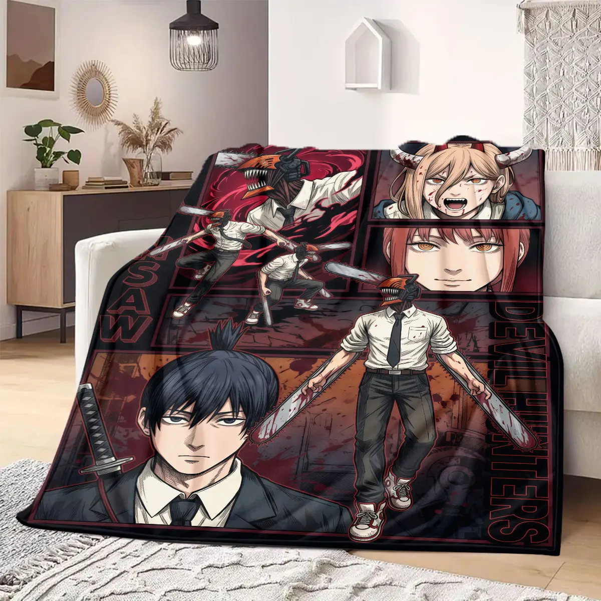 Chainsaw Man Smooth Print Flannel Blanket, Cartoon Figure Design, Comfortable Sofa Bedding, Ideal for Picnic Trip_LIAN