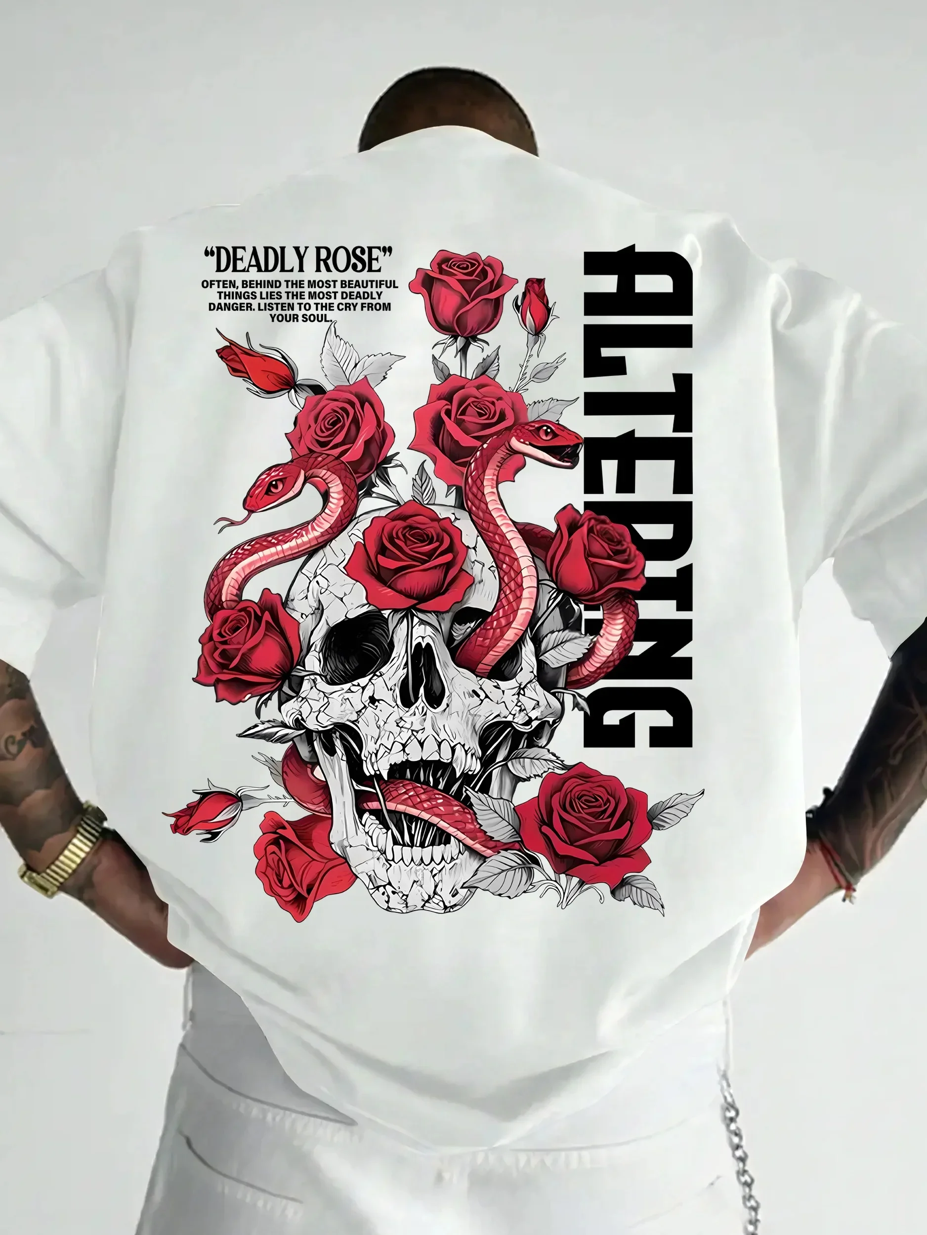 Latest Skeleton Rose Viper Cotton Large Size Loose Short Sleeve American Retro Street Men's and Women's T-shirt