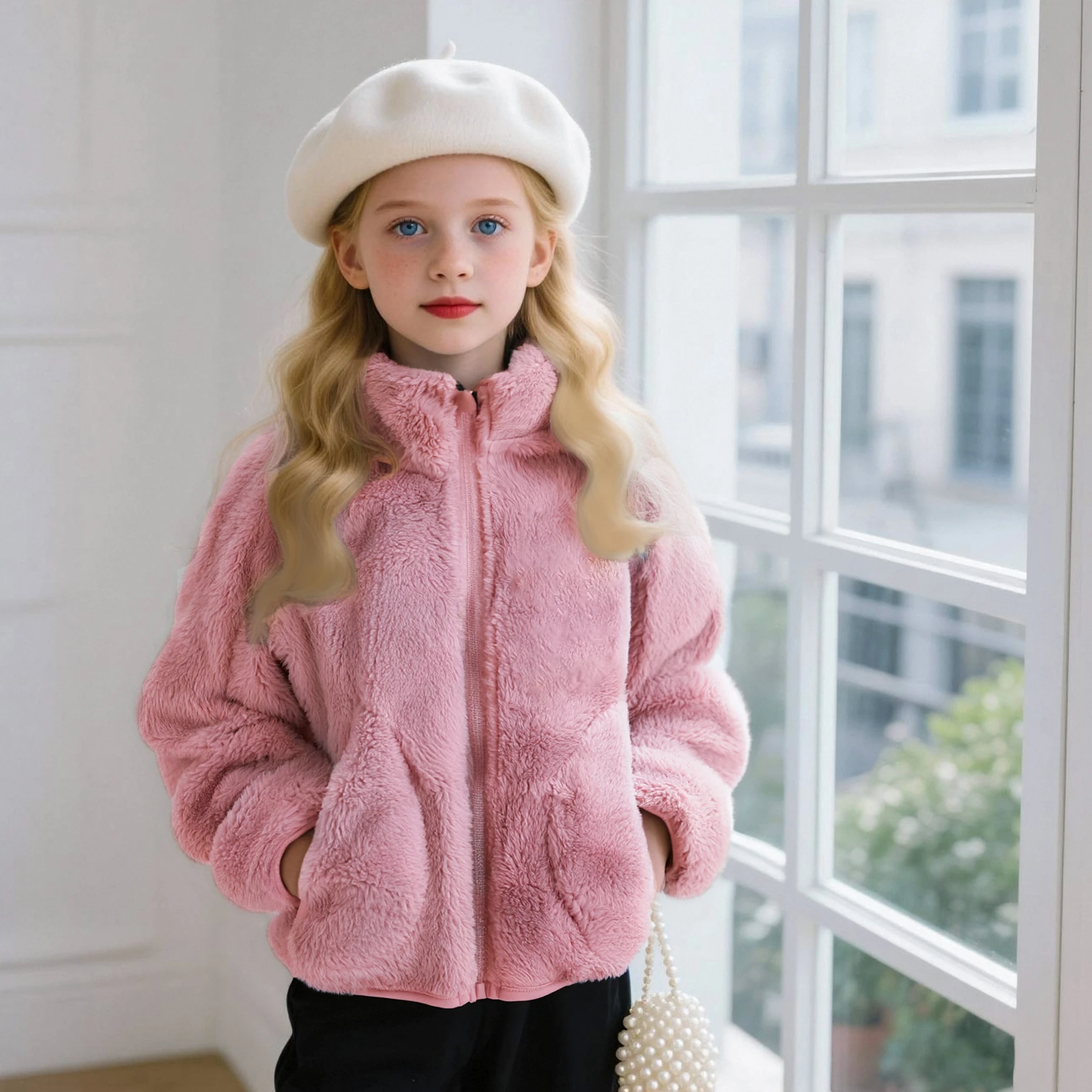 Spring and Autumn New Style Boys and Girls 2-11 Years Old Solid Color Warm Velvet Super Soft Stand up Collar Long Sleeve Korean
