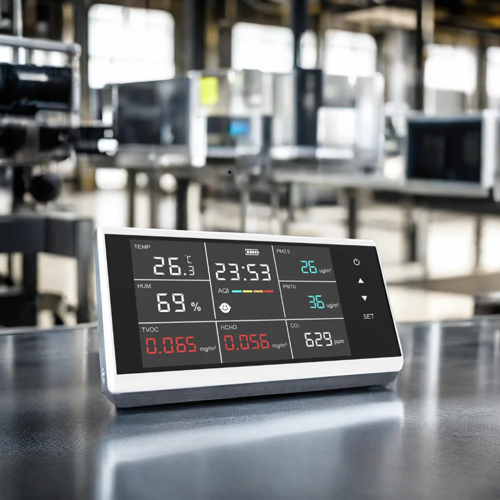 เครื่องตรวจวัดคุณภาพอากาศแบบสัมผัสหน้าจอ ตรวจจับ CO2/PM2.5/PM10 HCHO TVOC อุณหภูมิ ความชื้น พร้อมสัญญาณเตือน HCHO