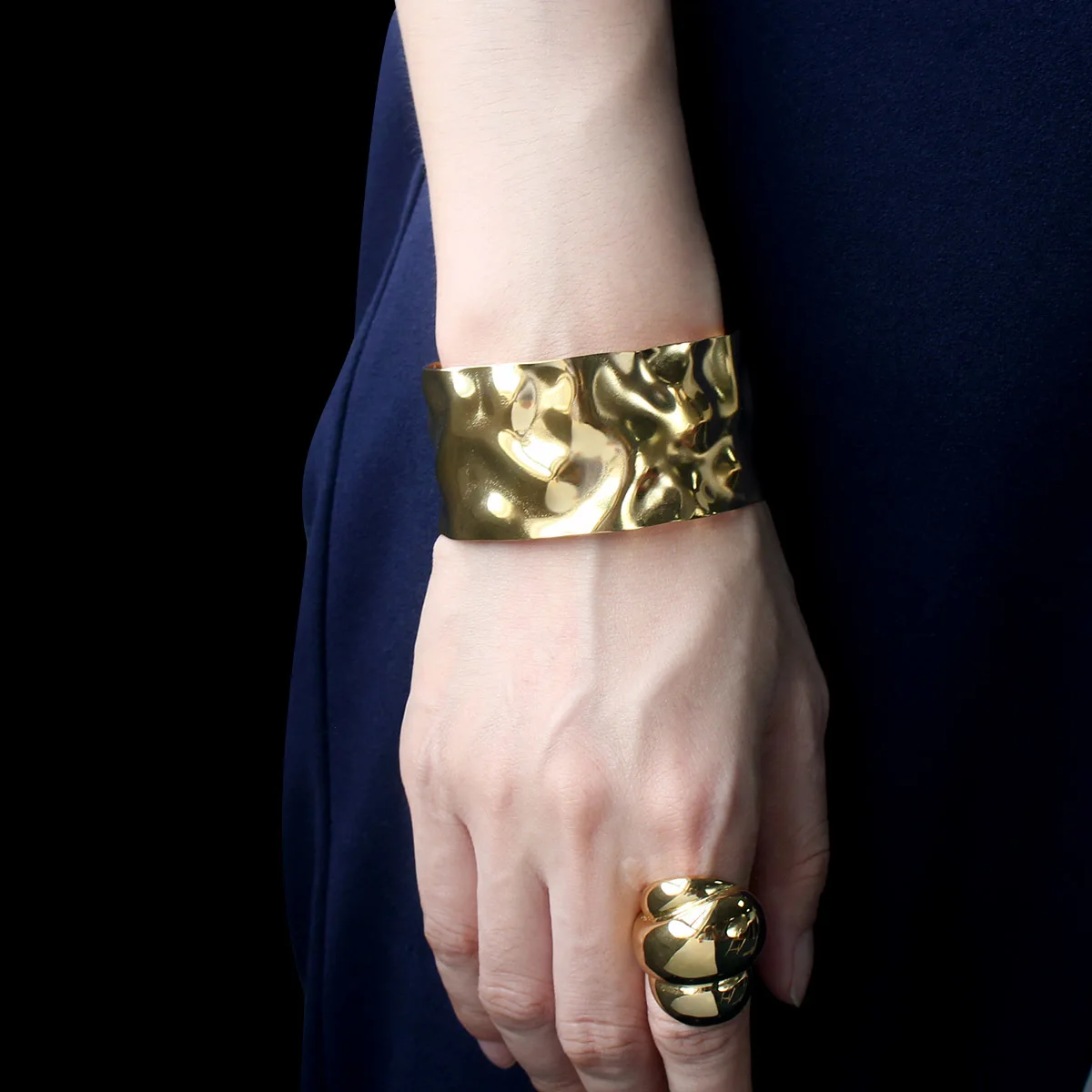 INS Style Concave Convex Bangle Fashion Hiphop Cuff Bracelet Wide Stainless Steel Chain With Real 18k Gold Plating