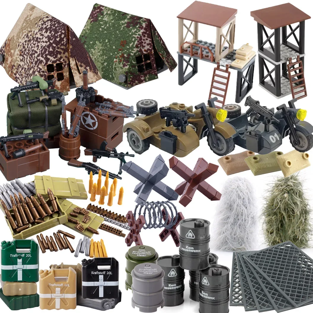 Military Motorcycle Building Block Vehicle Model Figures Accessories Soldiers WW2 Transportation Facility Police SWAT Toys view 2